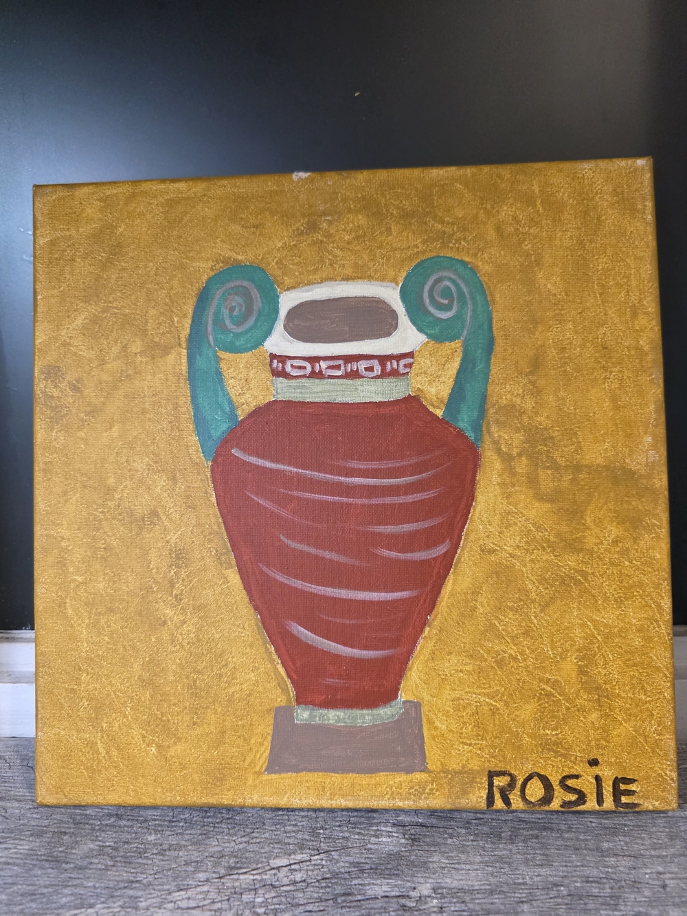 Hand-Painted Red and Teal Vase Canvas Art by